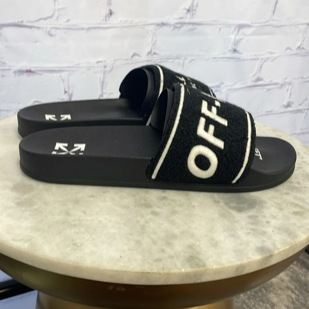 Off-White Black & White Terry textured Logo Slide Sandals